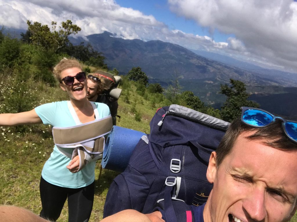 David Simpson and friends climbing a volcano in Antigua, Guatemala. Volcano hiking in Guatemala