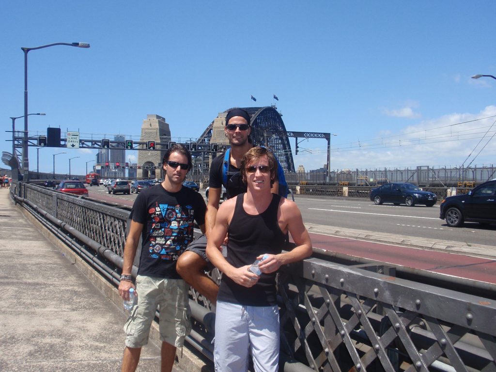 David Simpson and two guys along the Sydney Harbor Bridge. Walking Sydney Bridge & The Blue Mountains