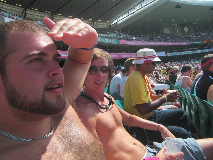 David Simpson with a guy during the match in Australia. Winning The Ashes down under