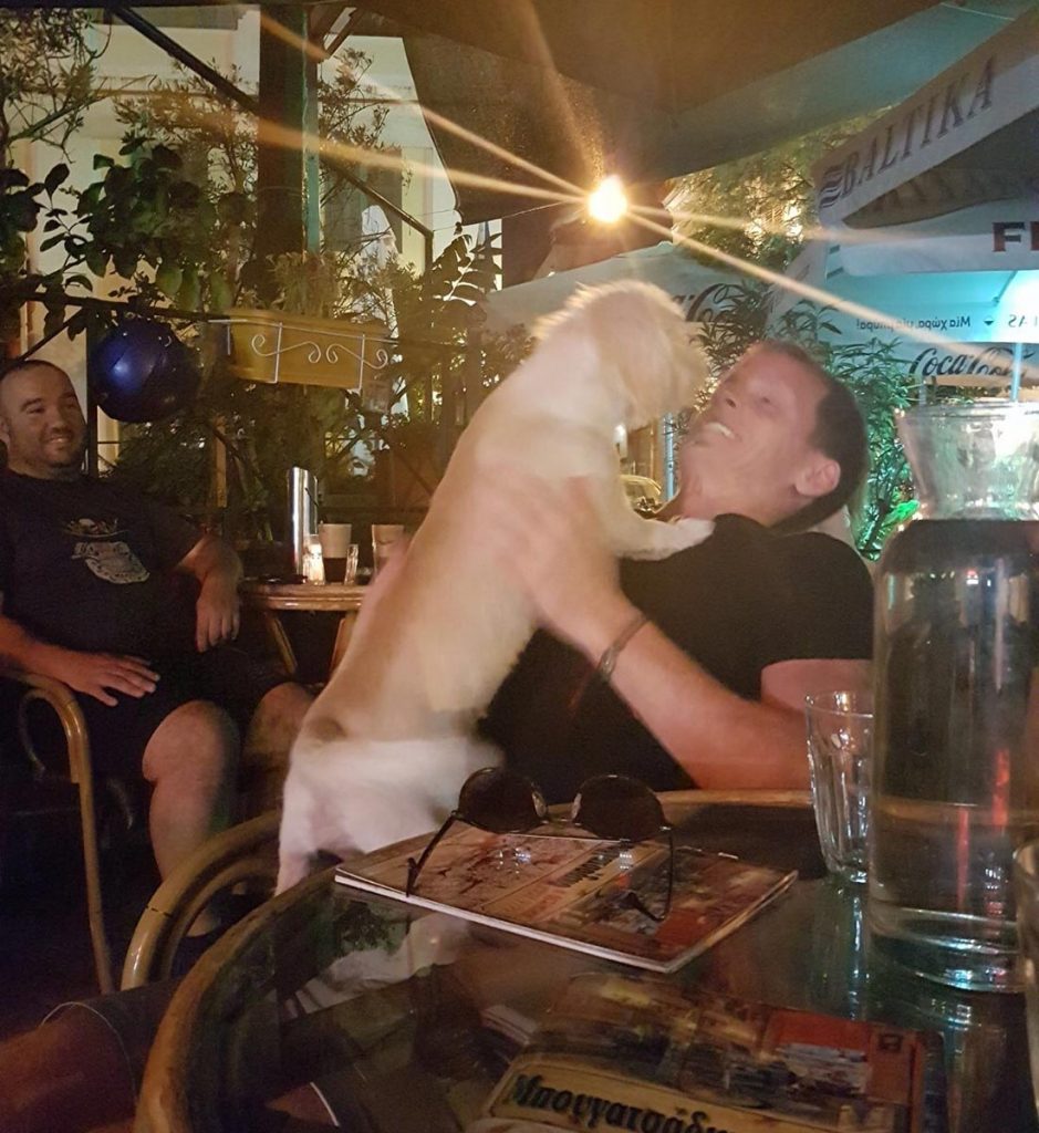 David Simpson being smothered by dog at in Athens, Greece. Athens has me