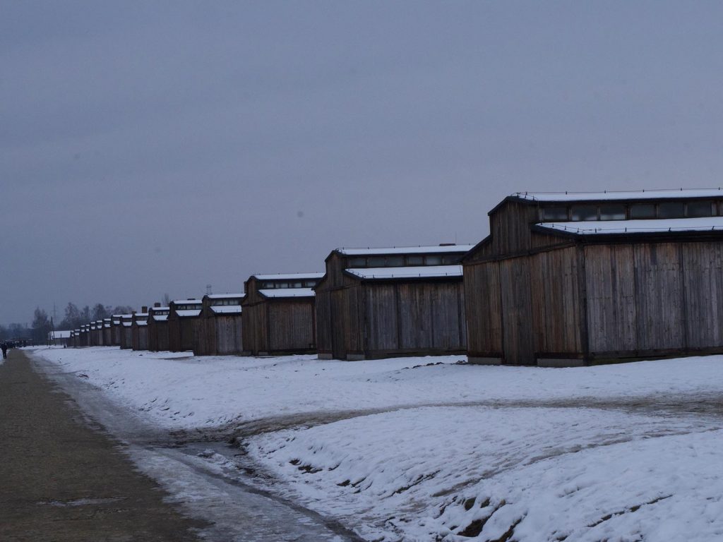 Wooden sheds in Auschwitz, Oświęcim, Poland. Mixed feelings in Auschwitz