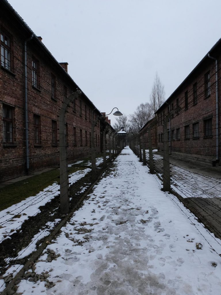 Fenced barracks in Auschwitz, Oświęcim, Poland. Mixed feelings in Auschwitz