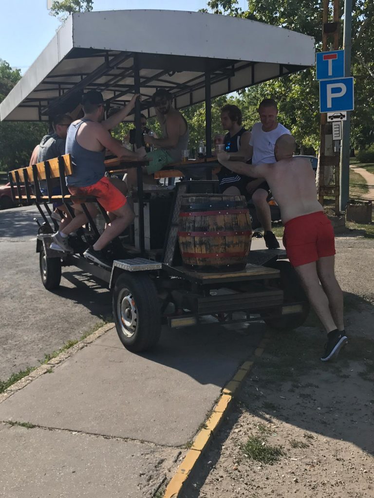 Friends on the beer bike in Budapest, Hungary. The Spa-rty at Budapest