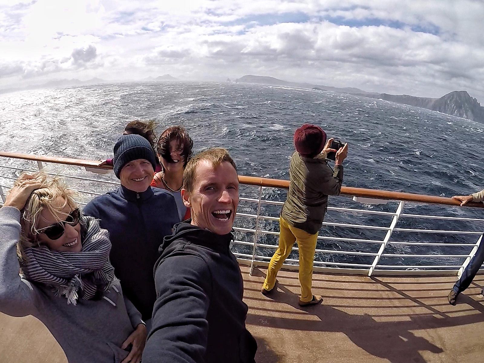 David Simpson and family viewing Cape Horn, Chile. Cape Horn on the Cruise to the end of the world