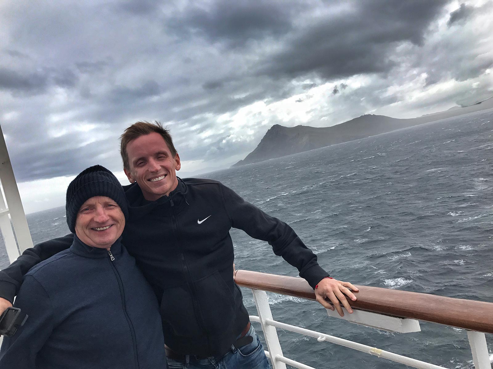 David Simpson and dad viewing Cape Horn, Chile. Cape Horn on the Cruise to the end of the world