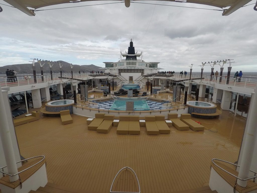 Empty pool onboard cruise ship at sea. Cape Horn on the Cruise to the end of the world
