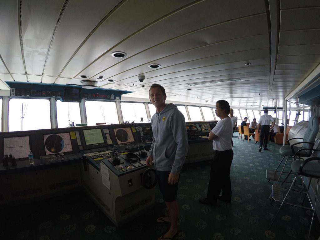 David Simpson on a tour at the ship's bridge with crew while passing Chilean fjord. Valparaiso & The Cruise to the end of the World pt3