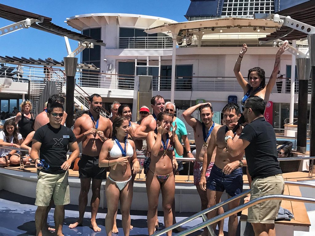 David Simpson with pool-goers onboard the cruise ship at sea. Valparaiso & The Cruise to the end of the World pt3