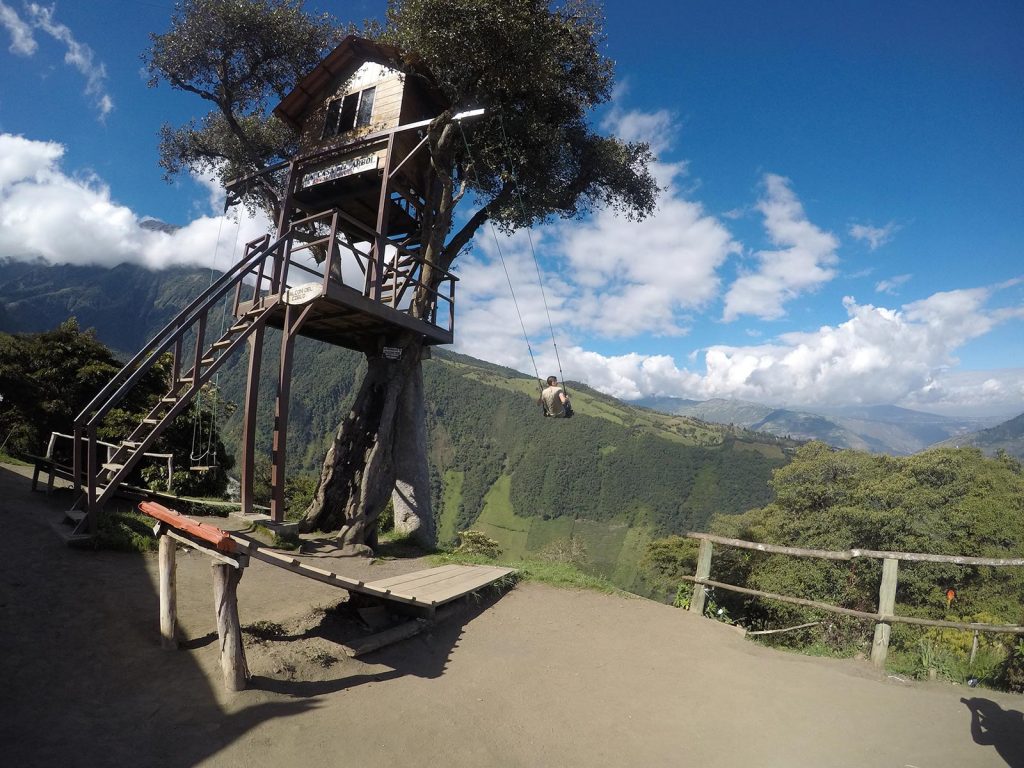 David Simpson riding the swing at the end of the world in Banôs, Ecuador. A Swing, The Equator & needing the Banôs in Banôs