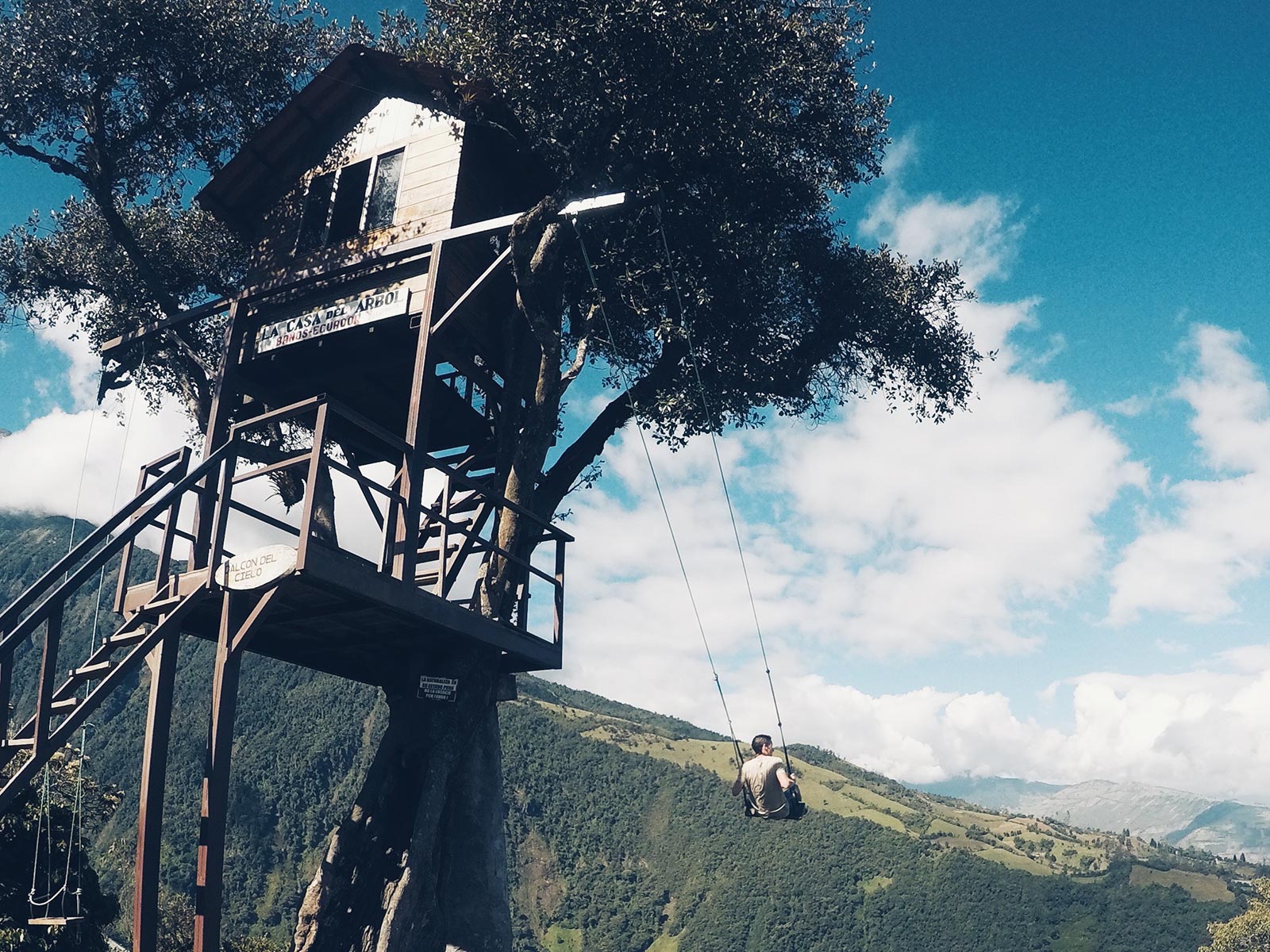 David Simpson riding the swing at the end of the world in Banôs, Ecuador. A Swing, The Equator & needing the Banôs in Banôs
