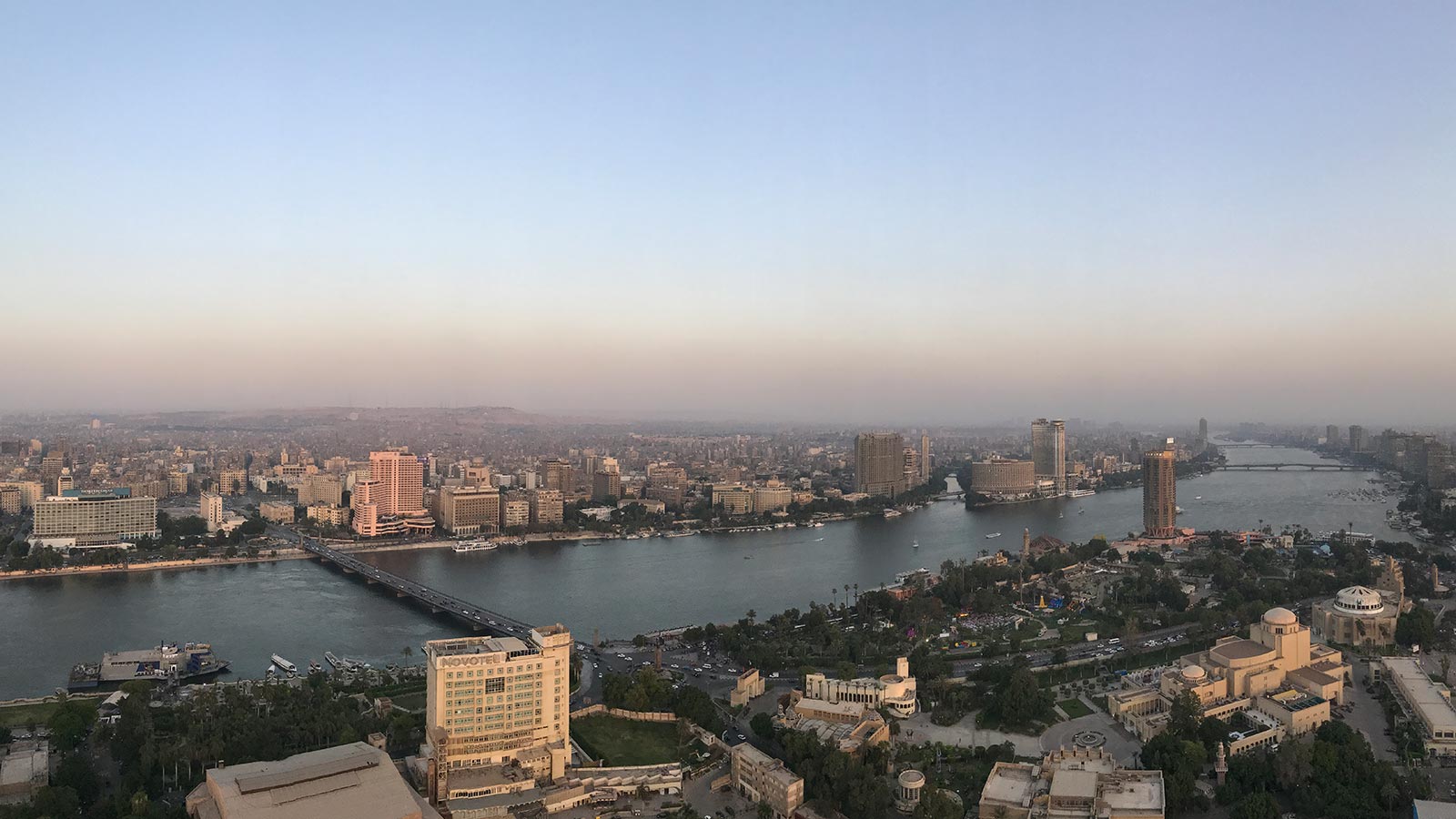 Birds eye view of the Nile River in Cairo, Egypt. Getting inside the Ancient Pyramids of Giza