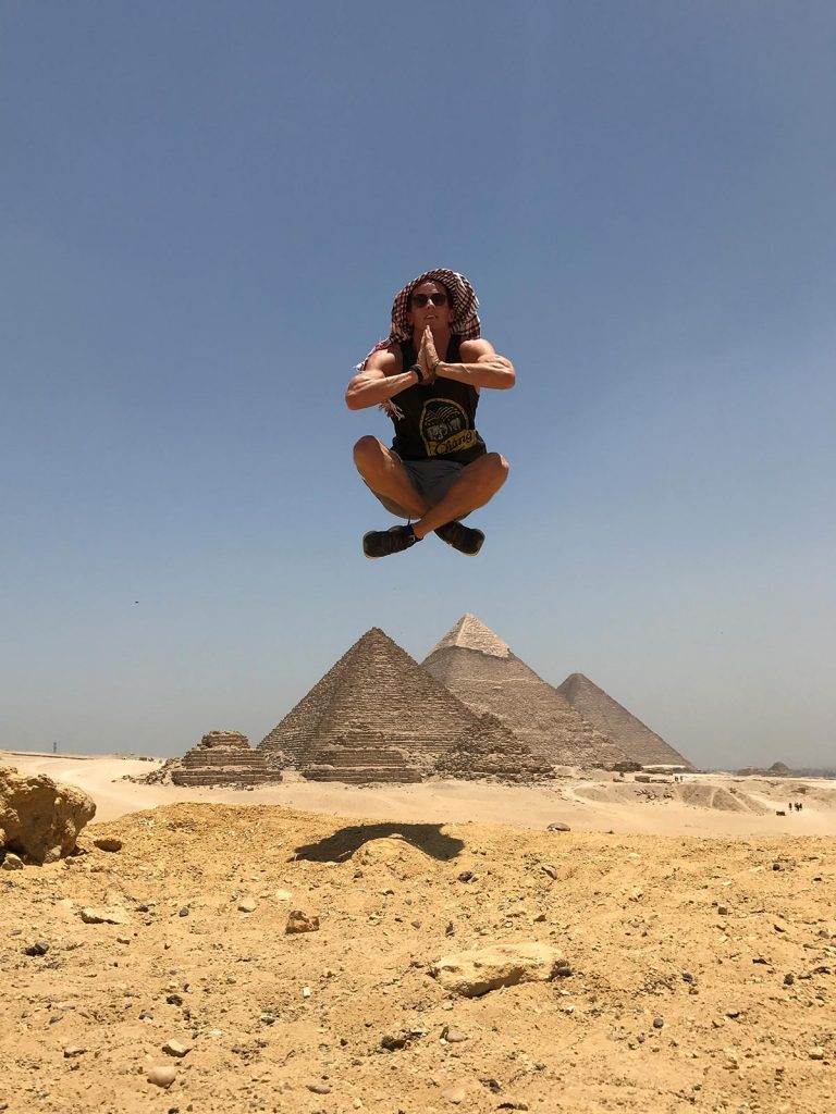 David Simpson appearing to float over the pyramids in Cairo, Egypt. Getting inside the Ancient Pyramids of Giza