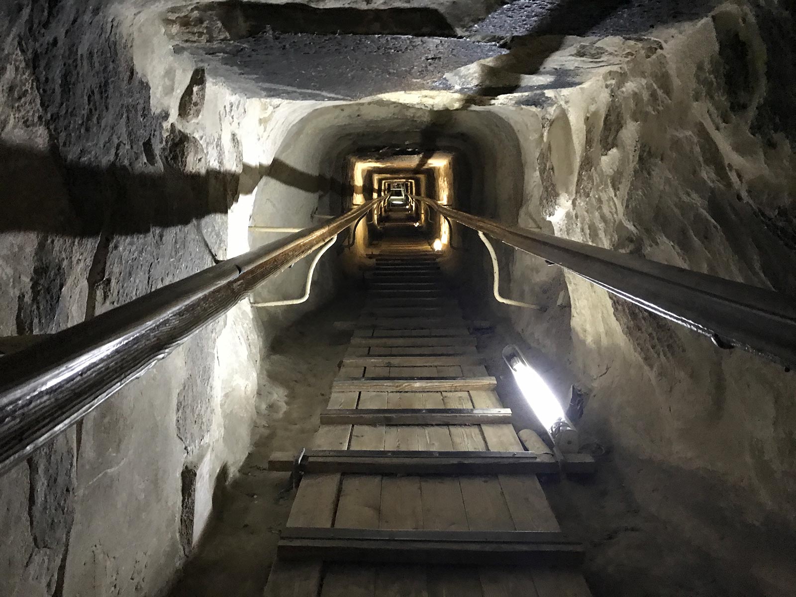 Ascending passageway of a pyramid in Cairo, Egypt. Getting inside the Ancient Pyramids of Giza