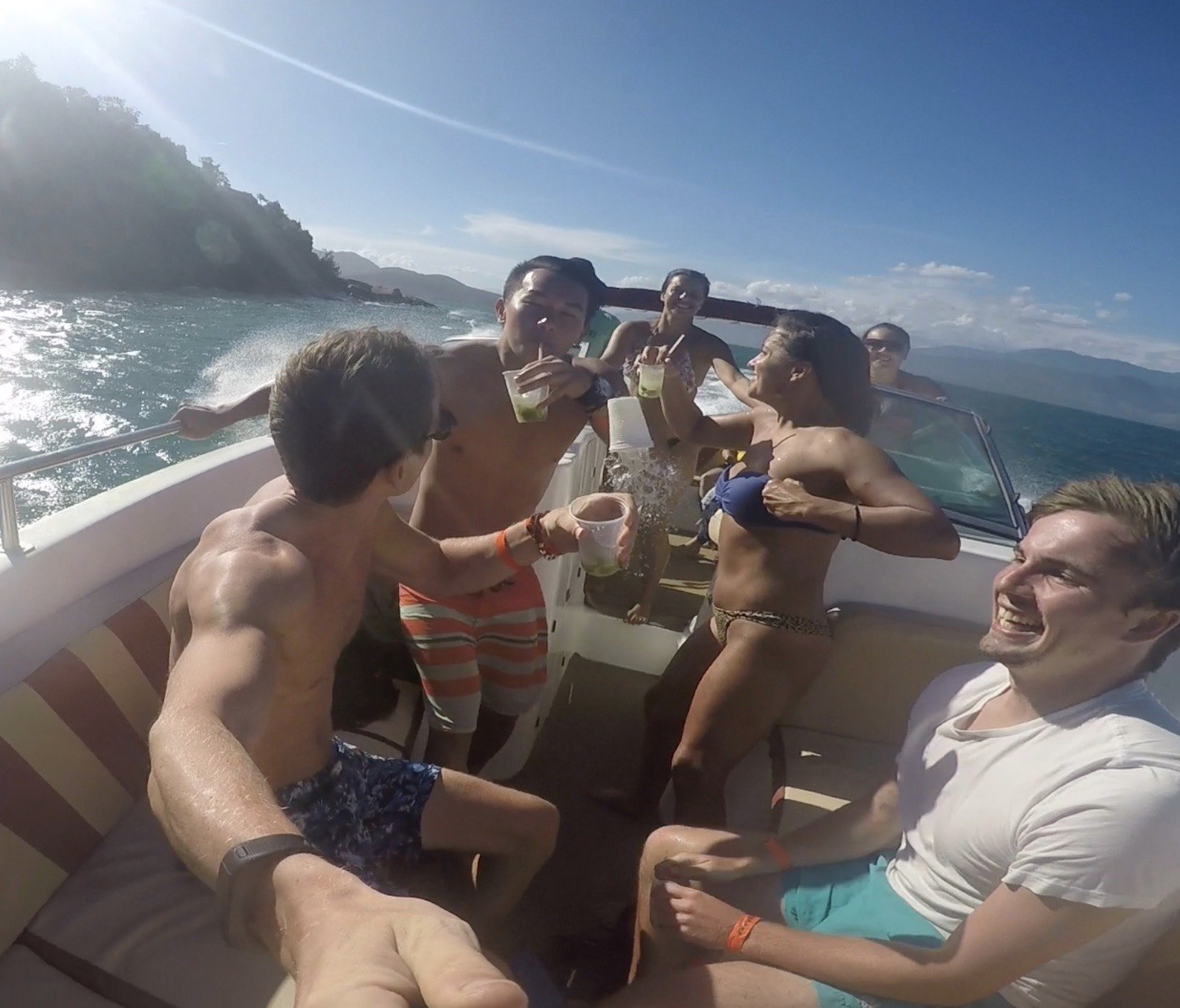 David Simpson and friends at speedboat tour in Ilha Grande, Brazil. Ilha Grande cures the hangover from hell