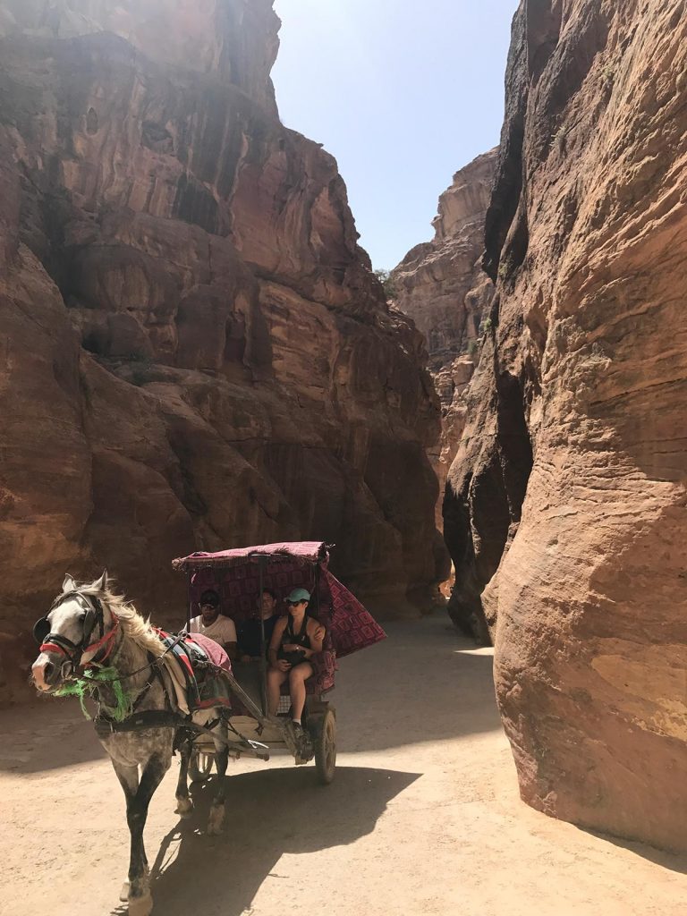 Horse drawn carriage and incredible rock formations in Petra, Jordan. Petra, an incredible wonder