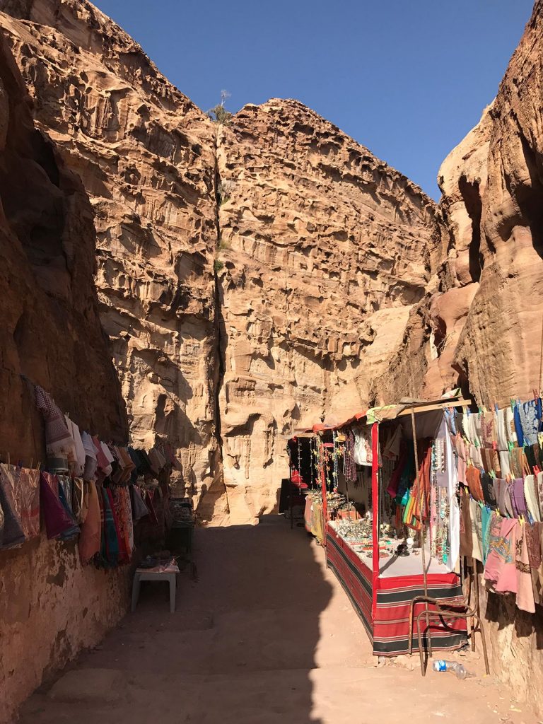 Stalls by the rock formations in Petra, Jordan. Petra, an incredible wonder