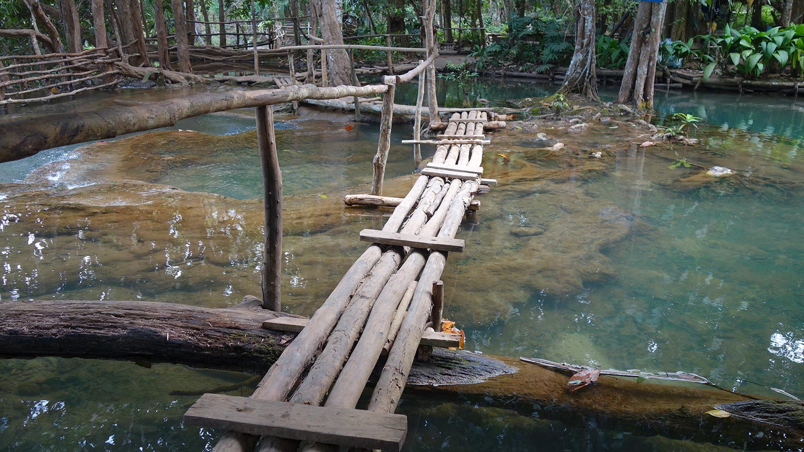 Bamboo foot bridge in Kuang Si falls in Laos. The most stunning waterfall in the world