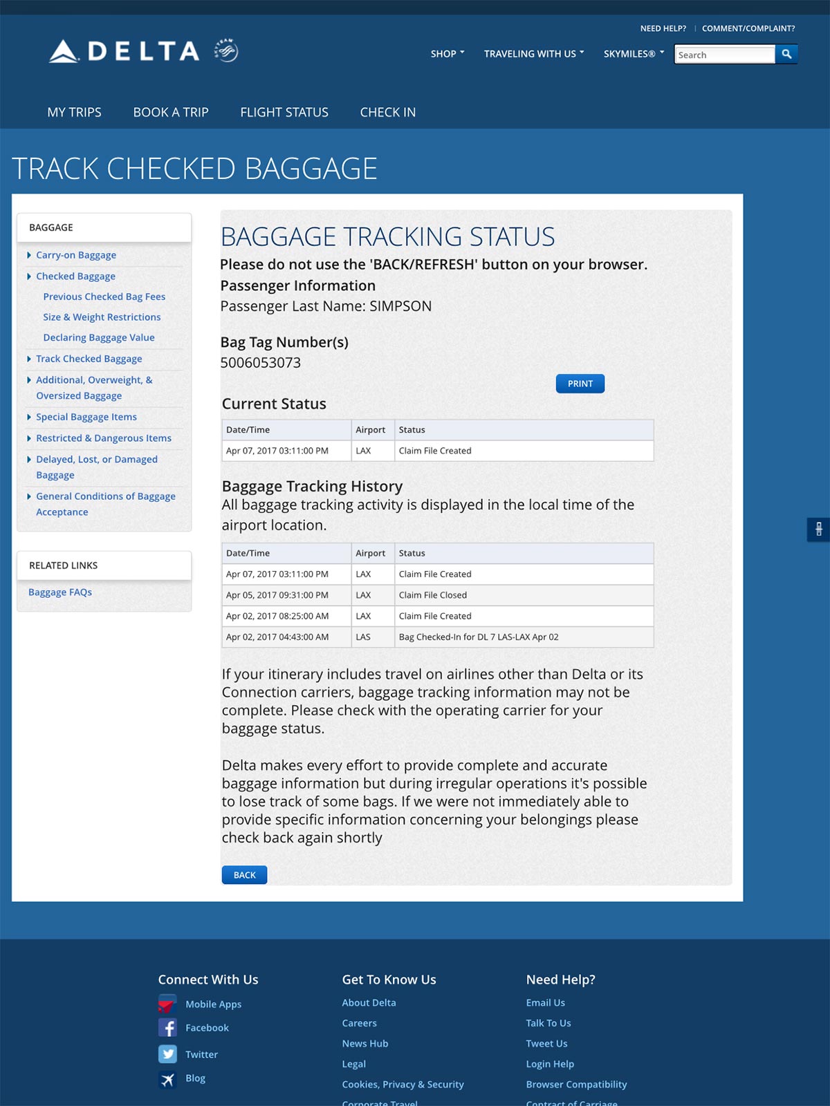 Delta baggage tracking status in L.A., USA. My backpack of 2 years... gone!