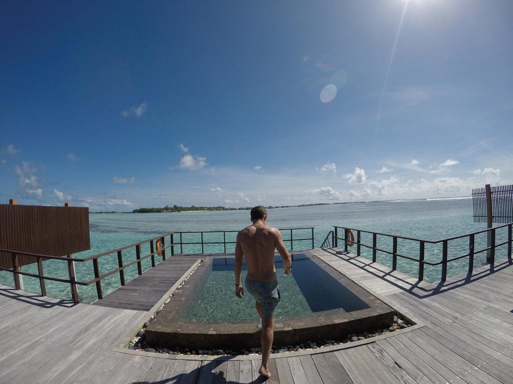 David Simpson entering the pool at water villa in Maldives. The Maldives & upgraded to the best villa on the island