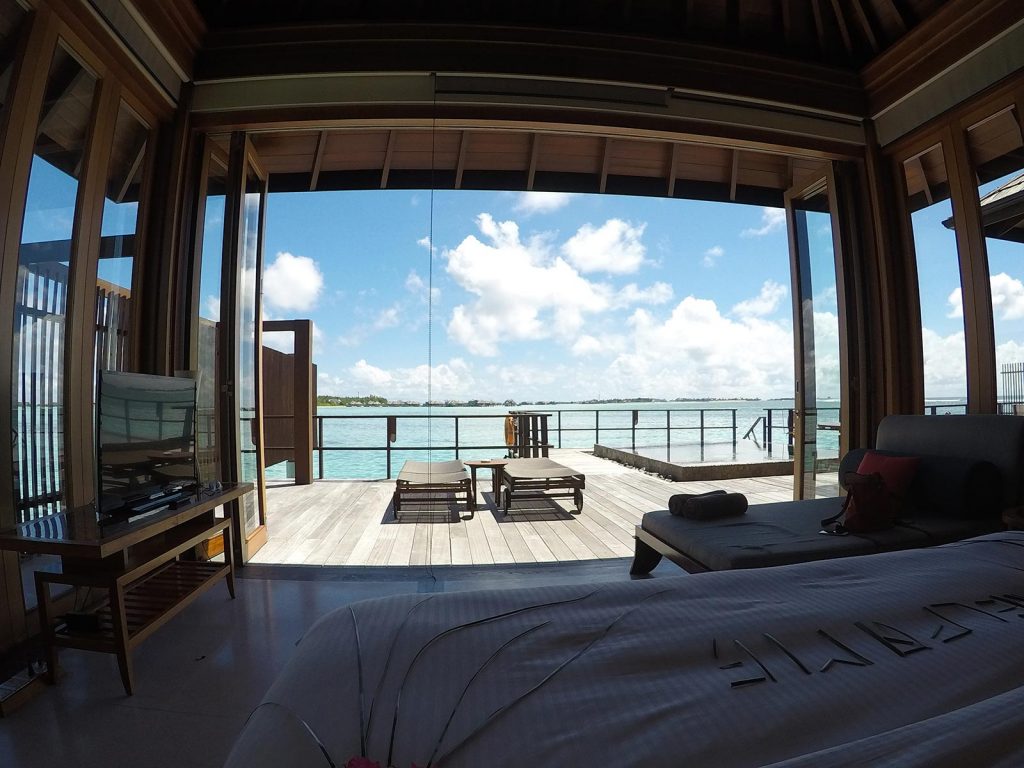 View of the sea from the bedroom in Maldives. The Maldives & upgraded to the best villa on the island