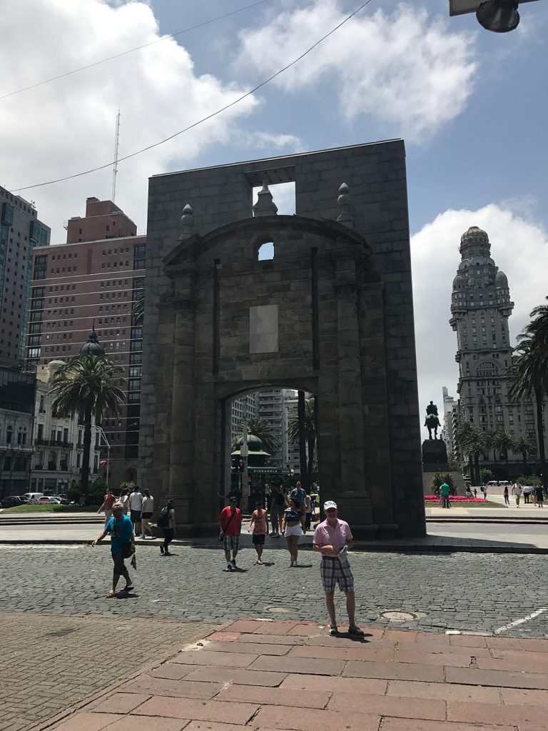 Dad and Old City Gate at the Plaza in Montevideo, Uruguay. Iguazu Falls & the cruise to the end of the World pt1
