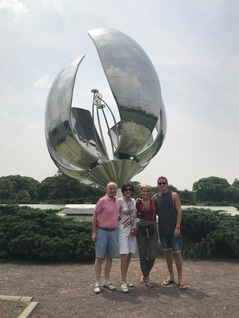 David Simpson and family at Giant Metal Flower sculpture in Buenos Aires, Argentina. NYE in Buenos Aires