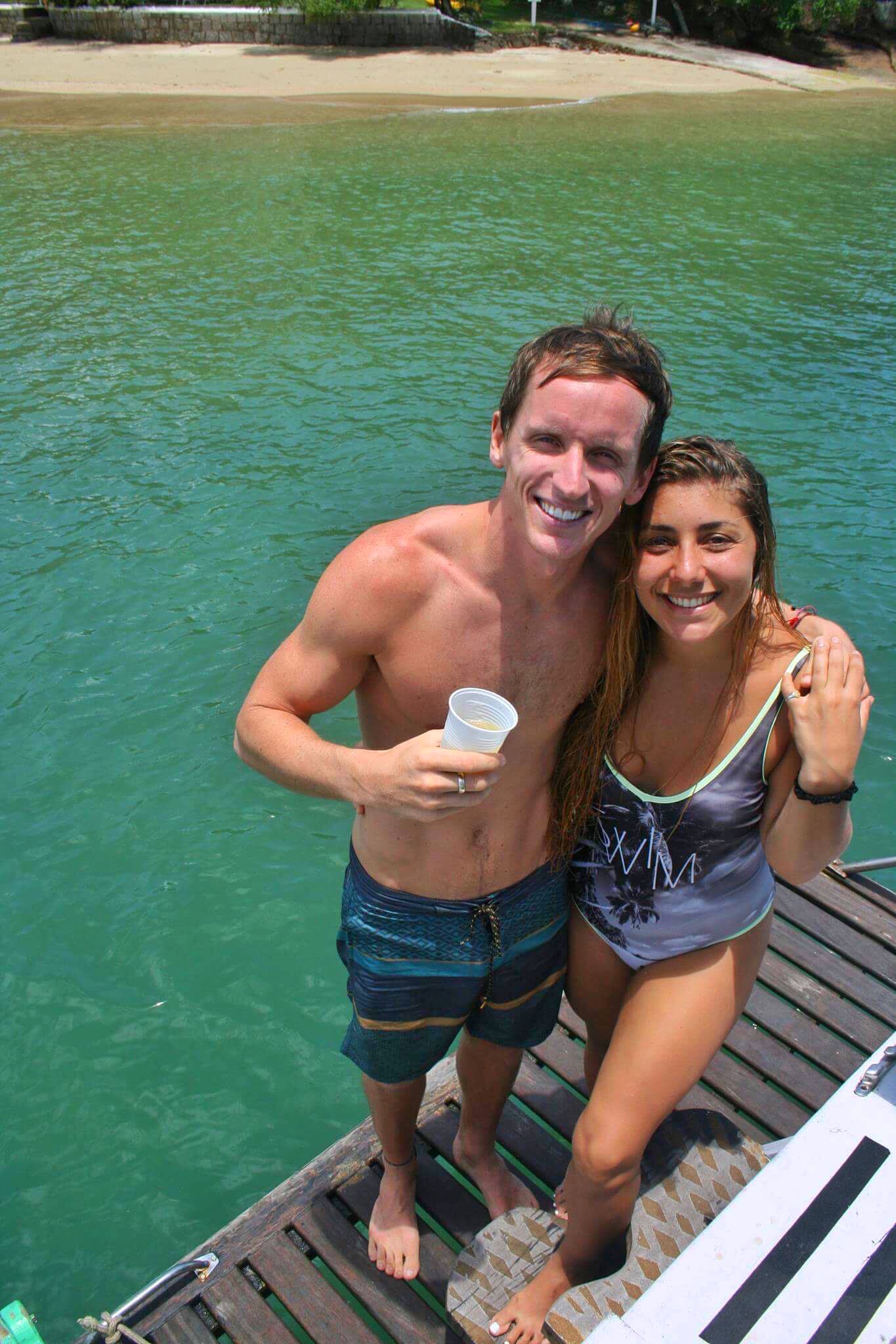 David Simpson and friend girl at the party boat in Paraty, Brazil. Rockfalls, Paraty boat party and nearly losing my head