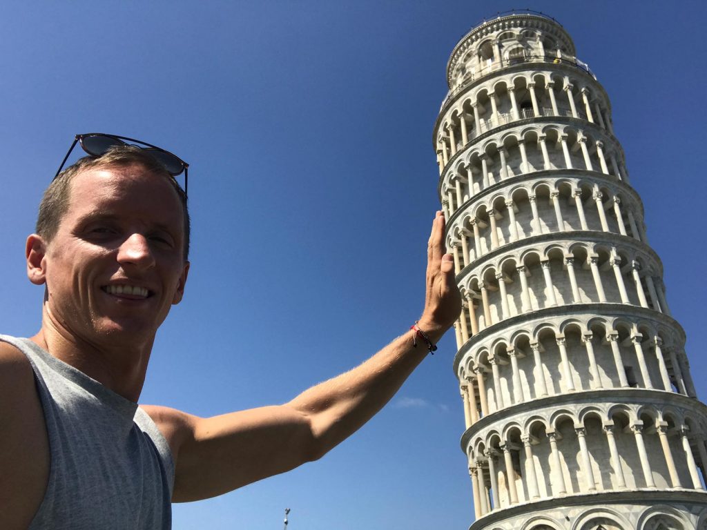 David Simpson and the leaning tower in Pisa, Italy. Leaning Pisa & impressive Florence