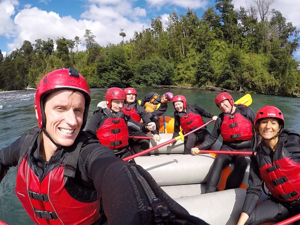 David Simpson and dad with fellow rafters on White Water rafting at Puerto Montt, Chile. Valparaiso & The Cruise to the end of the World pt3