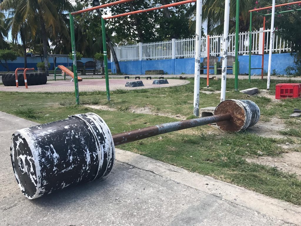 Makeshift barbell at the park in San Andres, Colombia. 4 weeks and Carnival in Colombia