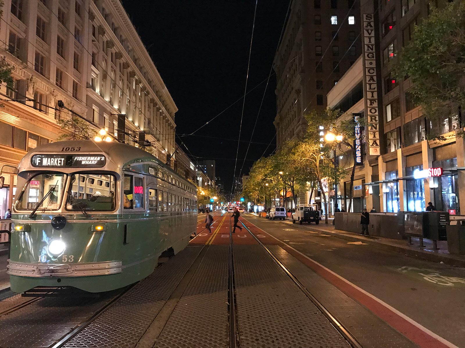 Tram at a street at night in San Francisco, USA. L.A. & San Fran, revisiting the West Coast