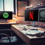 Office desk with computers. My lockdown; the blog, Spotify & Netflix