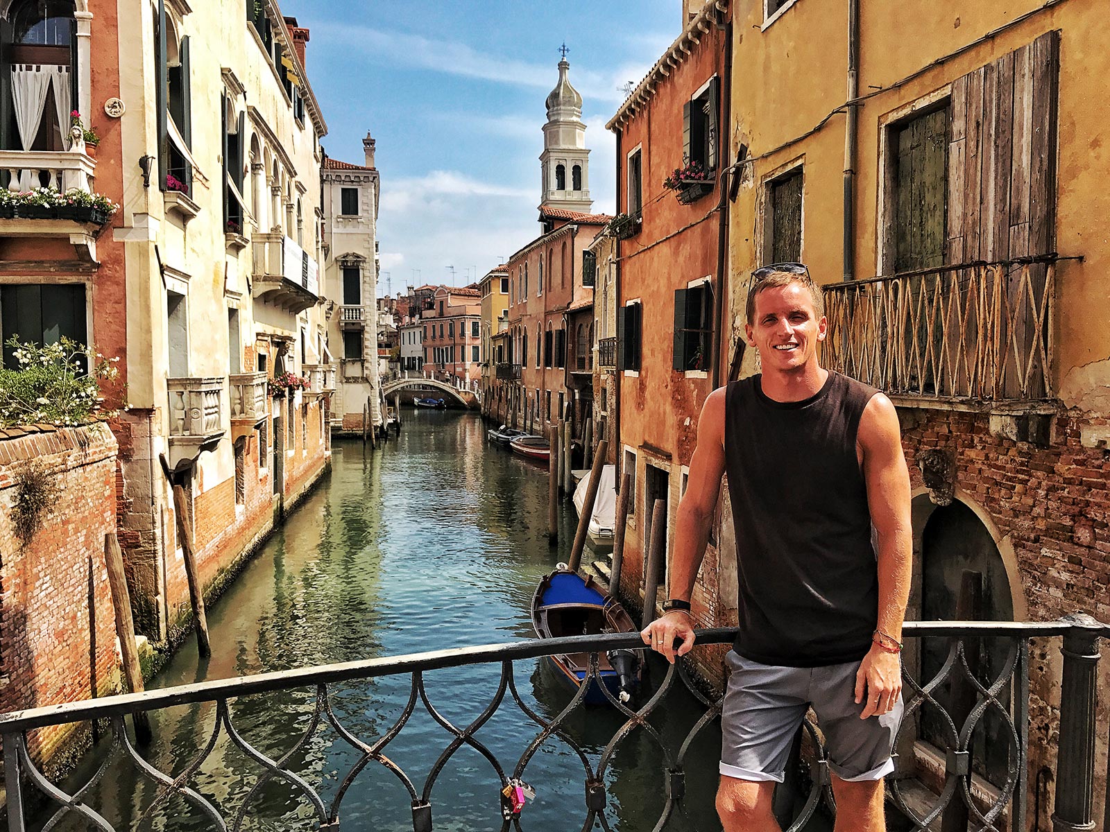 David Simpson at bridge over canal in Venice, Italy. Magical Venice