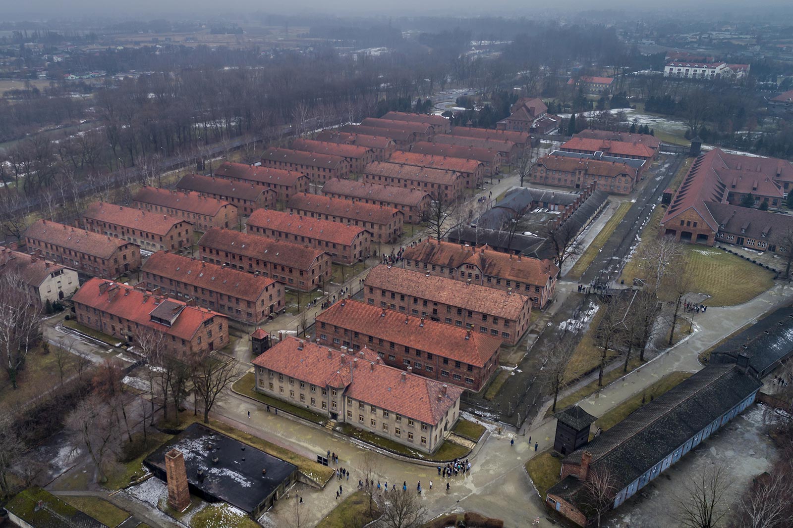 Bird eye view of barracks that used to house Jewish prisoners in Auschwitz, Oświęcim, Poland. Mixed feelings in Auschwitz