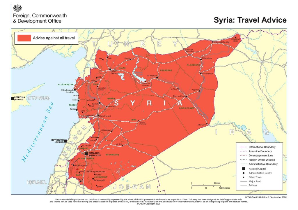 Government advise on travel in Syria. Driving into Syria