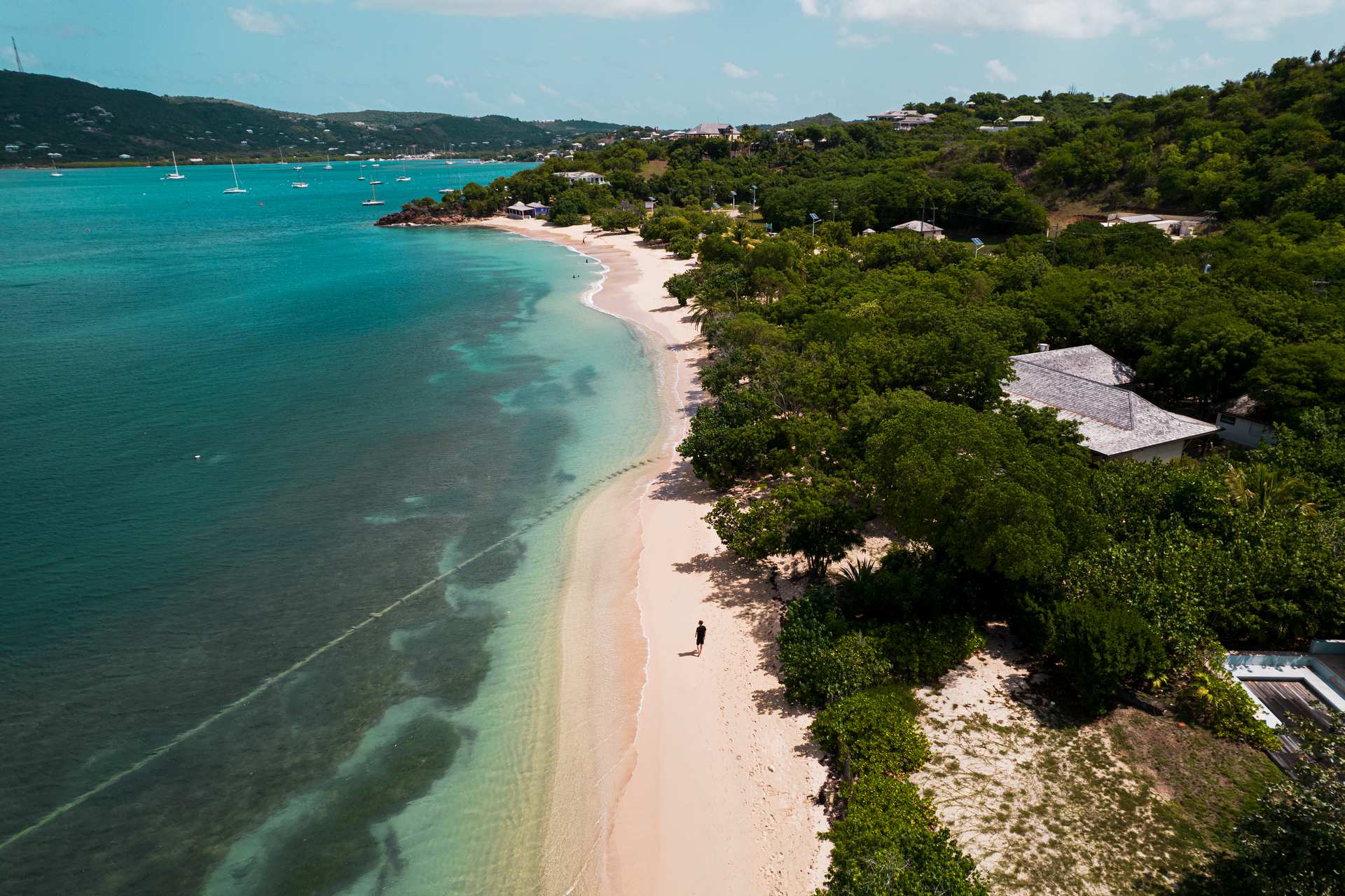 Aerial view of the sea, beach, sandtrees and the island on a sunny day in Antigua. 2021, end of year reflection post