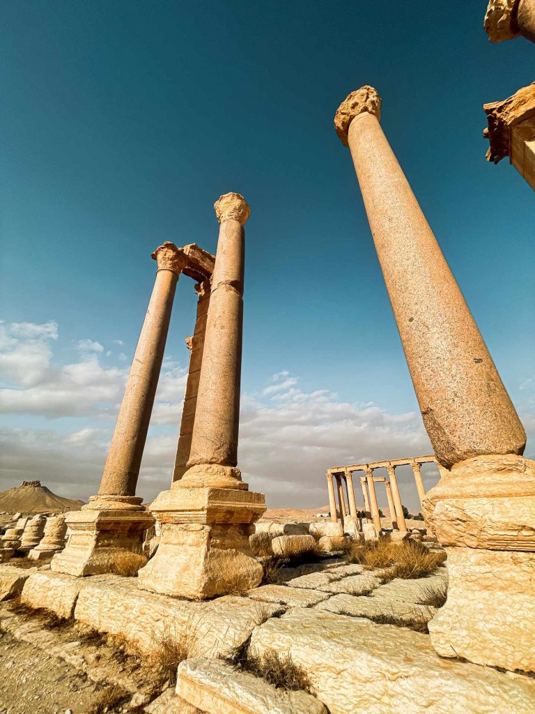 Column ruins in Palmyra, Syria. The ruined ruins of Palmyra