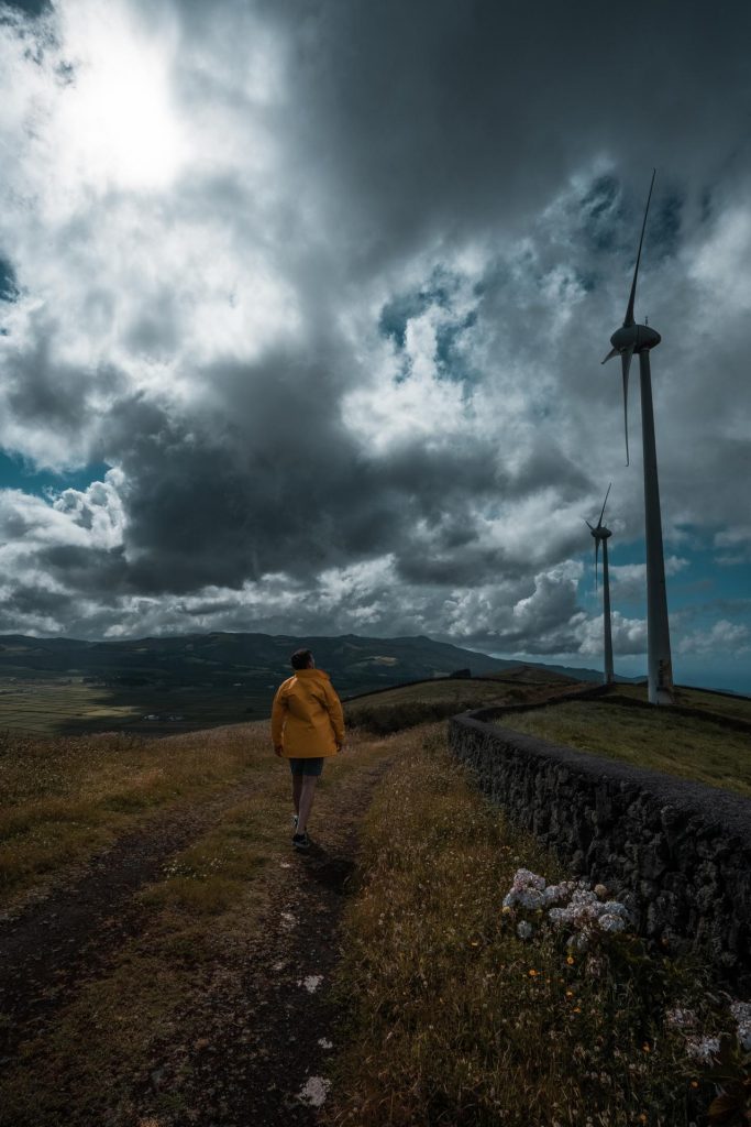 David Simpson walking past wind turbines in Terceira Island, The Azores. Is the Azores just Ireland in disguise