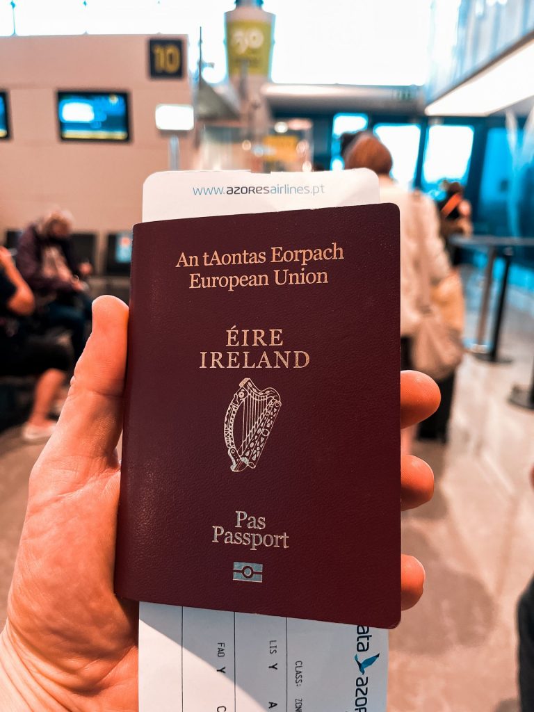 Irish passport at airport in Miguel, The Azores. A day on San Miguel