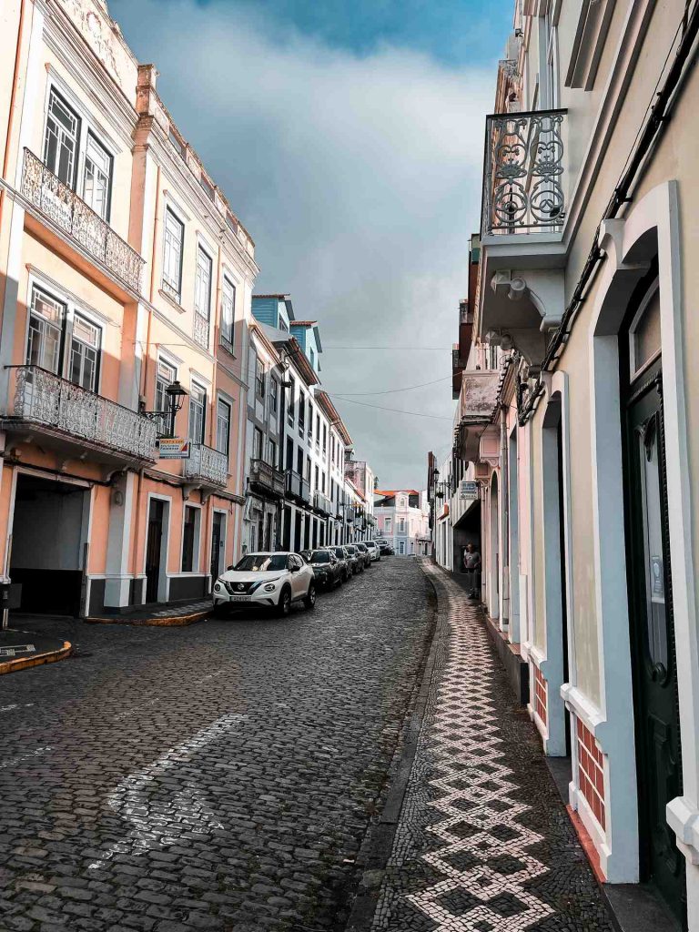 Buildings on empty street in Horta, The Azores. Camping in volcano Pico, Portugal’s highest mountain