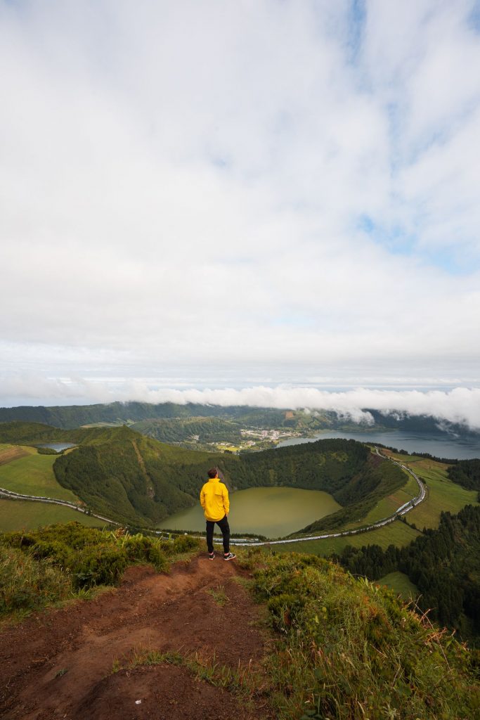 David Simpson looking down on the lake from the top of the mountain in Miguel, The Azores. A day on San Miguel