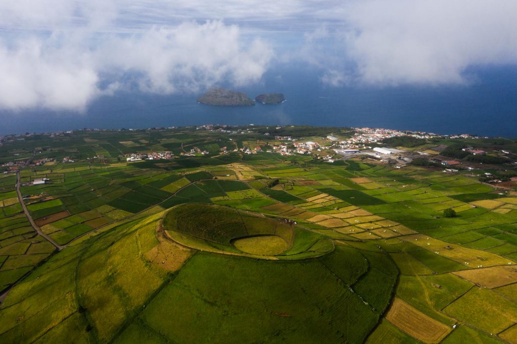 Aerial view of green fields in Flores, The Azores. 2 days looking at mist in Flores