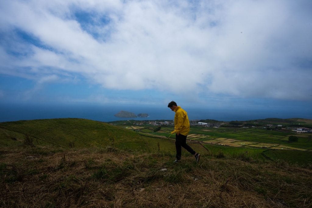 David Simpson hiking the green fields in Flores, The Azores. 2 days looking at mist in Flores