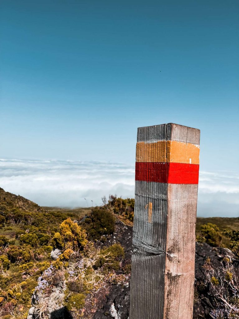 Trail to summit marker in Pico, The Azores. Camping in volcano Pico, Portugal’s highest mountain