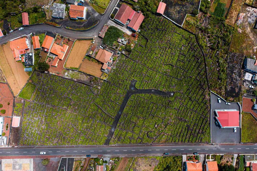 Aerial view of houses and green fields in Pico, The Azores. Camping in volcano Pico, Portugal’s highest mountain
