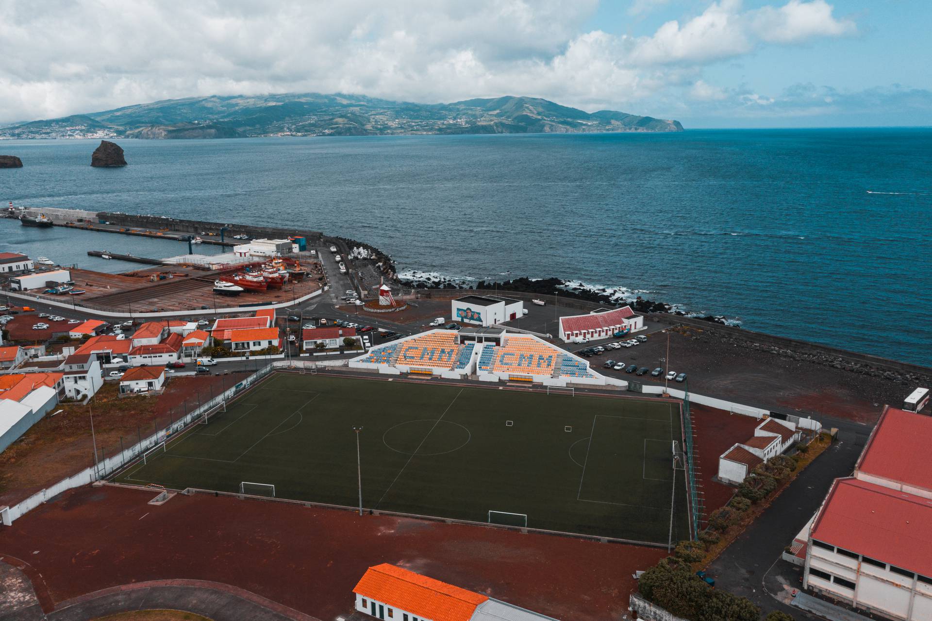Football field in Pico, The Azores. Pico views and trouble parking at the whaling museum