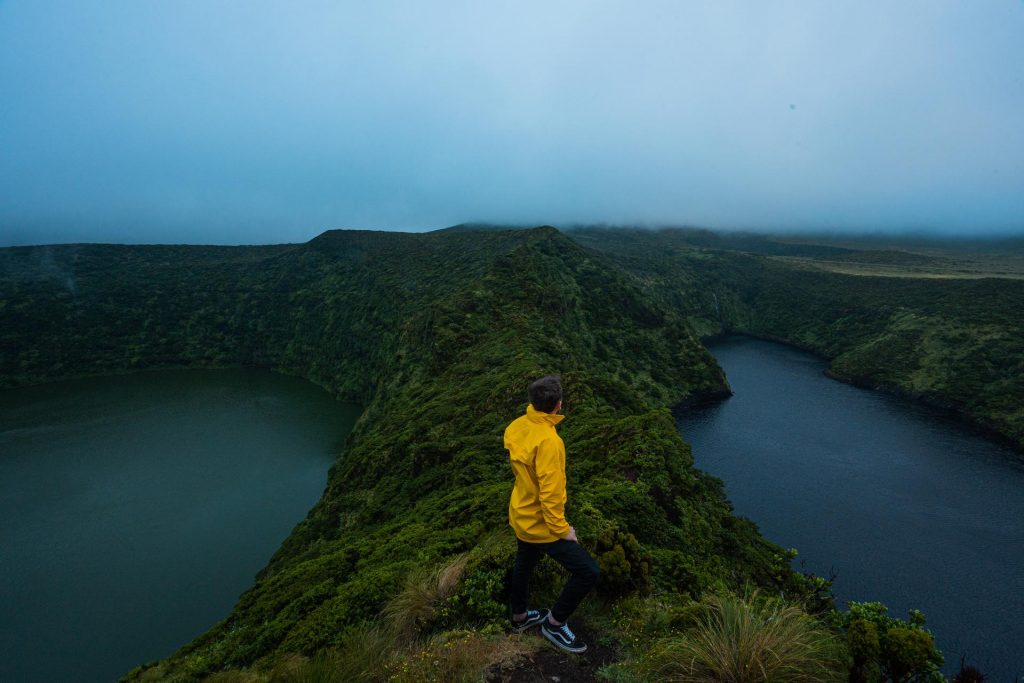 David Simpson on top of hill looking at the lake in Flores, The Azores. 2 days looking at mist in Flores