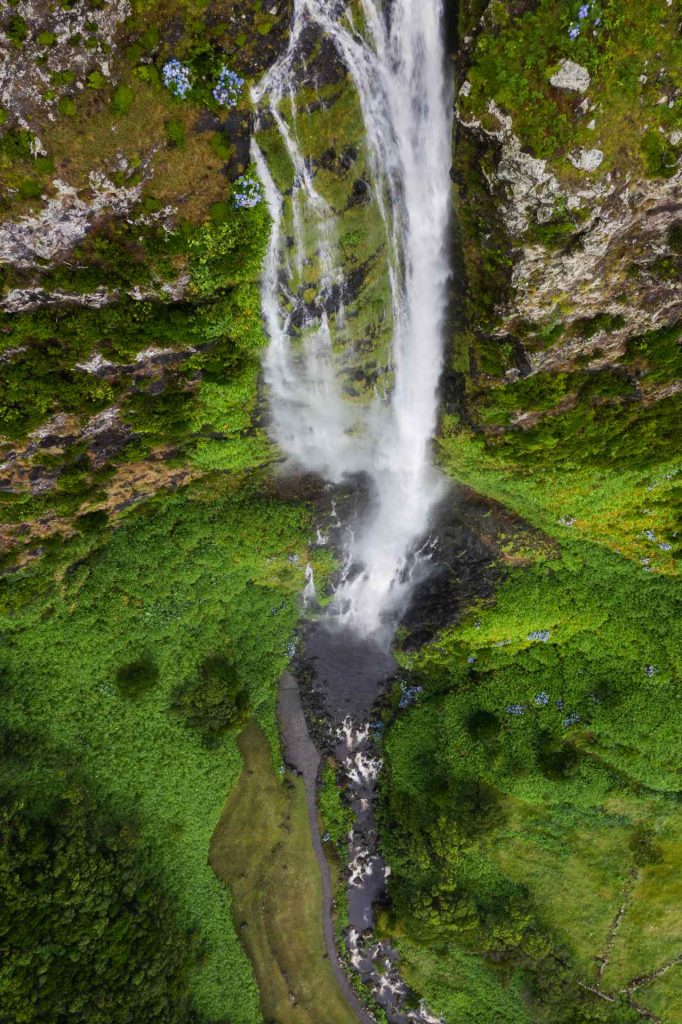 Aerial view of waterfalls in Flores, The Azores. Walking on the Moon & prepping for climbing Pico