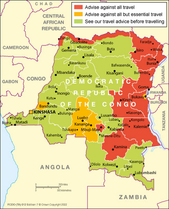 Government entry advise map of DRC. Caught filming at the DRC border