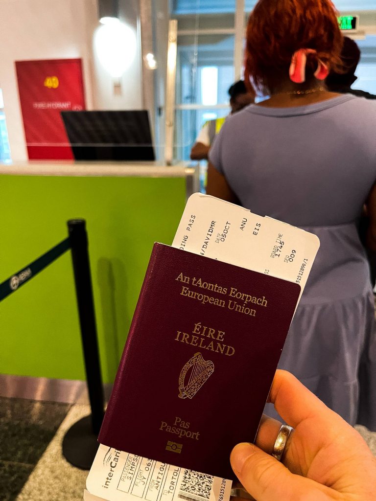 Ireland passport at airport in Antigua. Rendezvous beach and cliffside accom in BVI